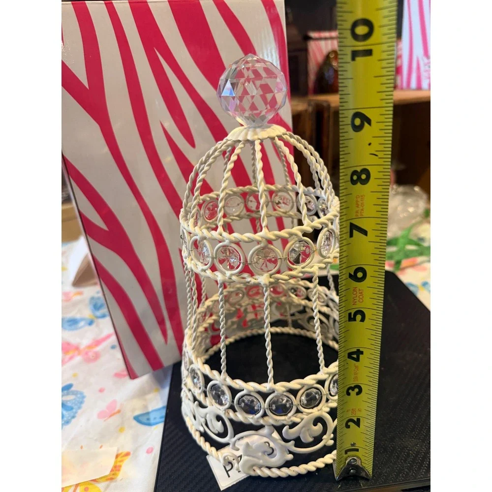 Pink Zebra White Metal Crystal Birdcage Shabby Chic Decorative